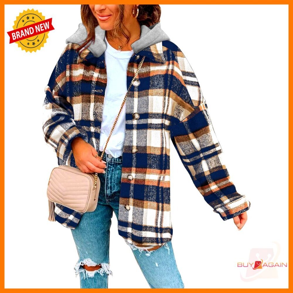 Long Sleeve Button Down Plaid Flannel Shacket Hooded Jacket Oversized Boyfriend